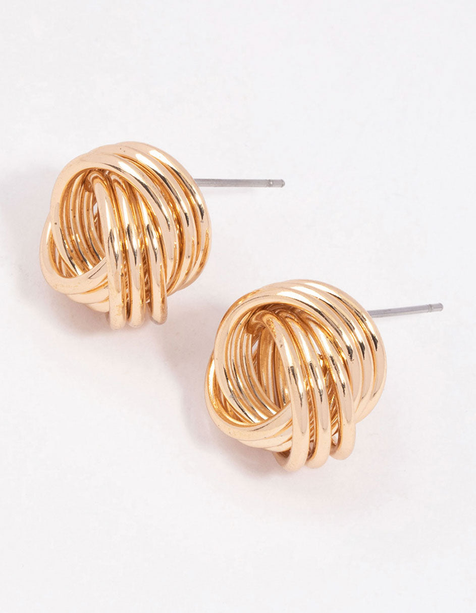 Gold Triple Strand Knotted Stud Earrings