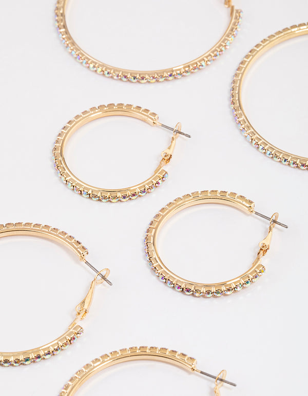 Gold Mixed Size Diamante Hoop Earrings