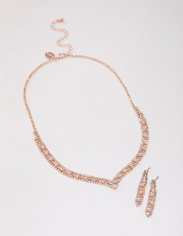 Rose Gold Rectangle Graduating Pendant Necklace & Earrings Set