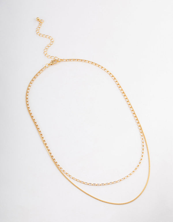 Gold Plated Cubic Zirconia Dainty Baguette Layered Necklace