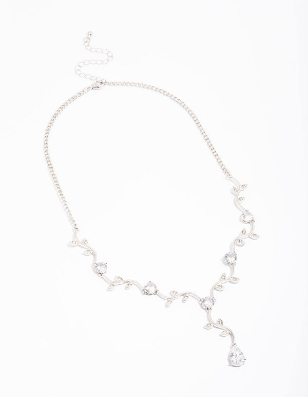 Silver Cubic Zirconia Floral Teardrop Y-Shape Necklace