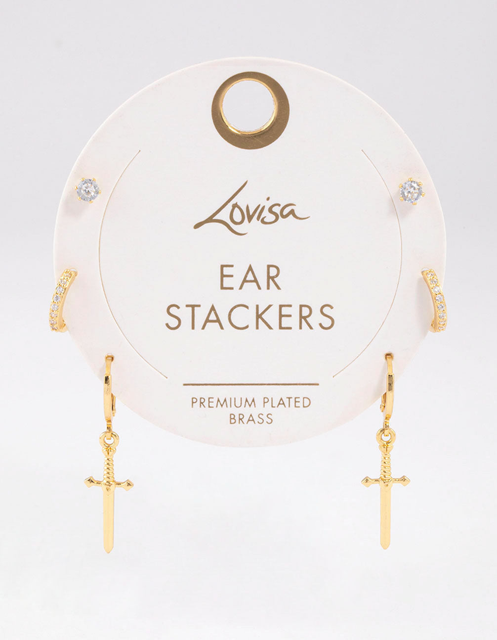 Gold Plated Brass Cubic Zirconia Dagger Huggie Earrings Pack
