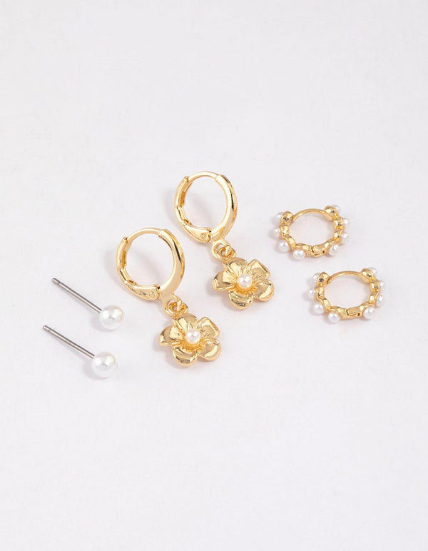 Gold Plated Pearl Drop Flower Earrings 6-Pack