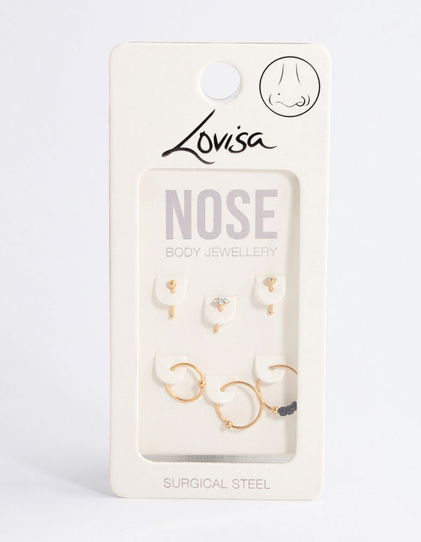 Gold Plated Surgical Steel Cubic Zirconia Flower Nose Stud 6-Pack