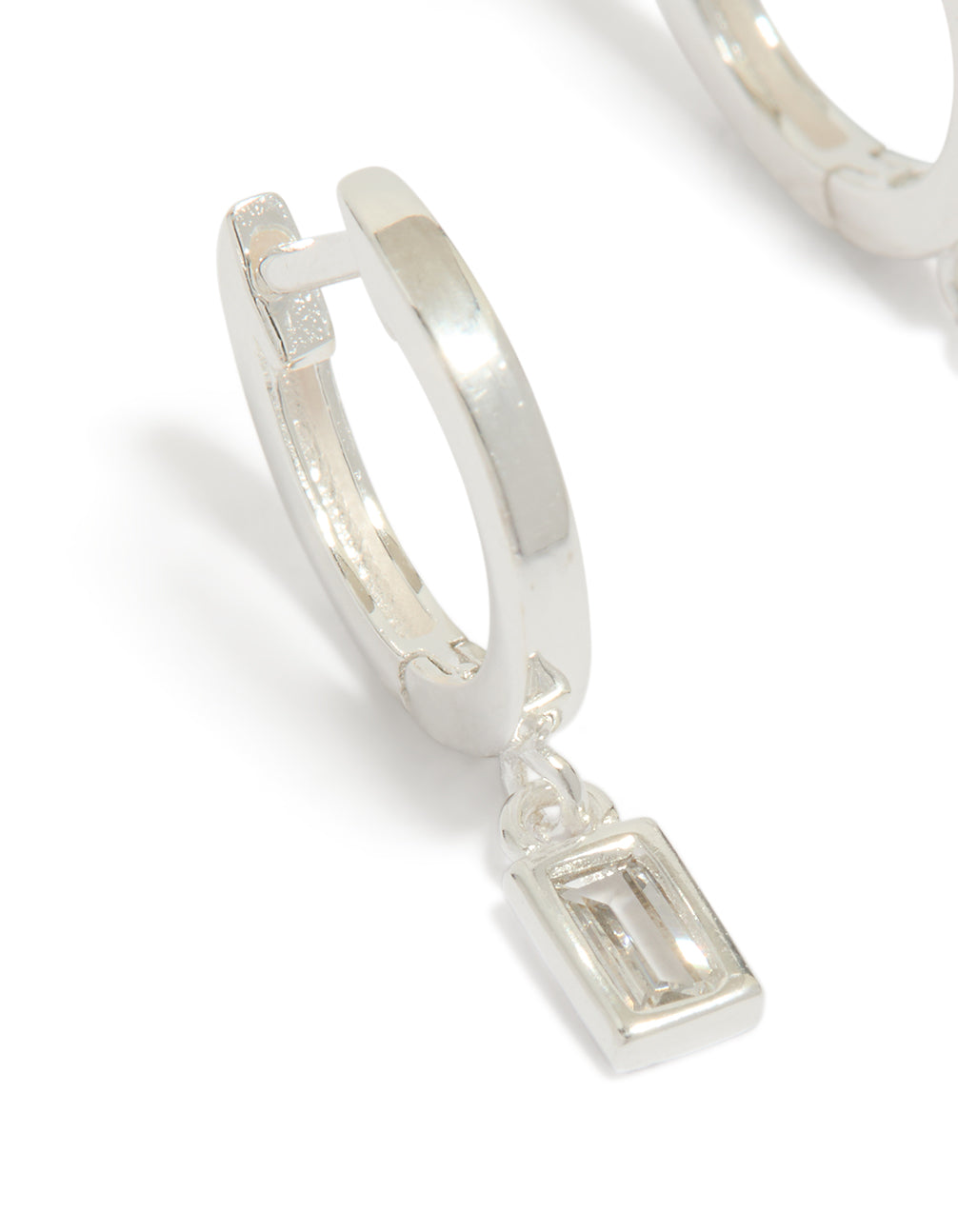 Sterling Silver Cubic Zirconia Baguette Drop Huggie Earrings