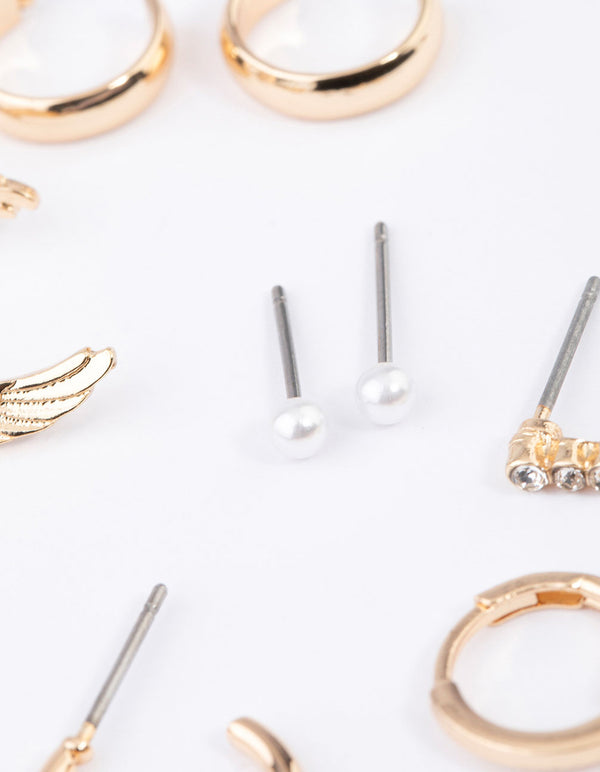 Gold Heart Diamante & Pearl Earrings 8-Pack