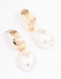 Gold Warped Hoop Pearl Drop Earrings - link has visual effect only
