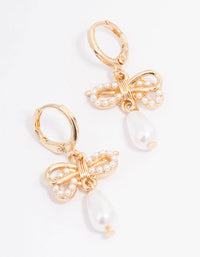 Gold Pearl Bow Drop Huggie Earrings - link has visual effect only
