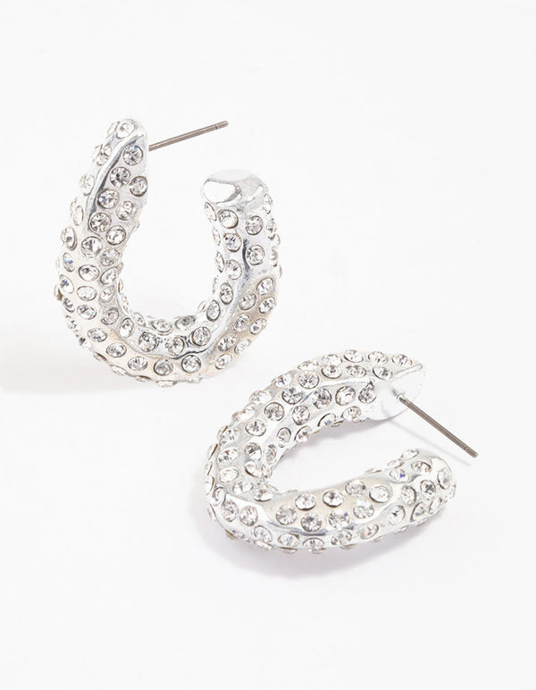 Silver  Paved Curve Hoop Earrings