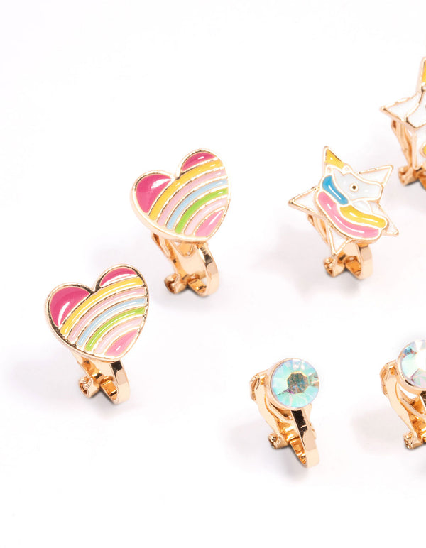 Kids Unicorn & Heart Clip On Earrings 5-Pack