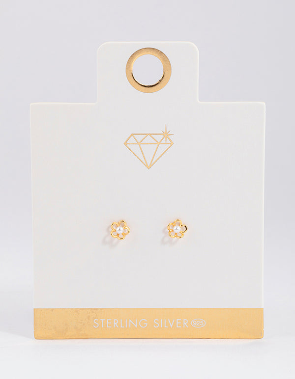 Gold Plated Sterling Silver Pearl & Flower Stud Earrings