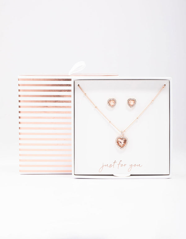 Rose Gold Heart Halo Ball Necklace & Stud Earring Pack