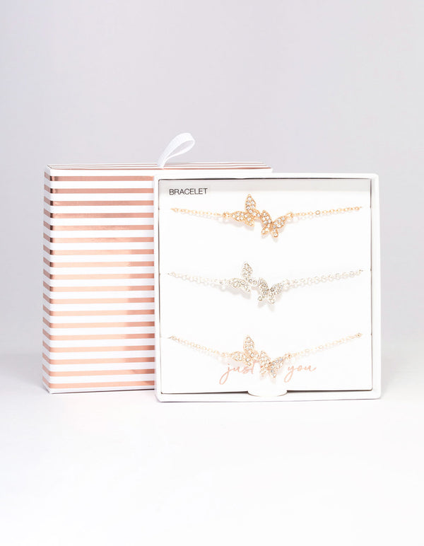 Mixed Metal Pave Butterfly Bracelet 3-Pack