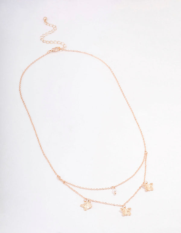 Rose Gold Butterfly Pearl Double Chain Necklace