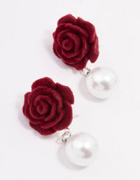 Red Felt Rose Pearl Stud Earrings - link has visual effect only
