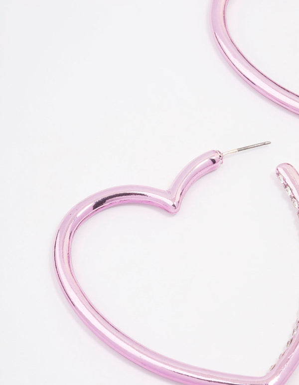 Pink Large Diamante Heart Hoop Earrings