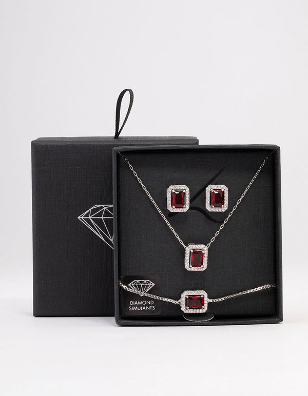 Silver Ruby Diamond Simulant Halo Jewellery Set