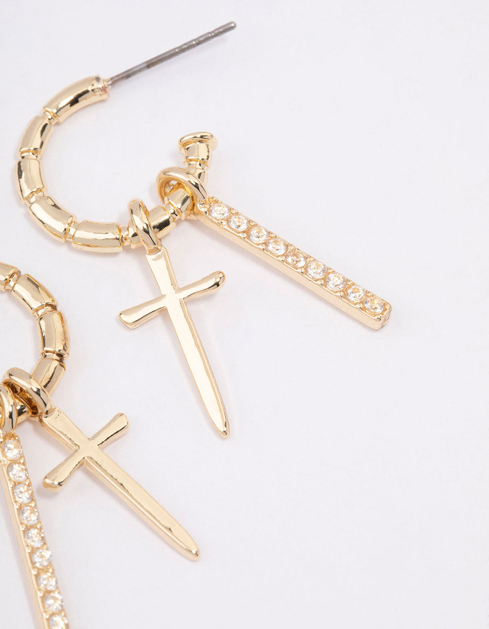 Gold Plated Cross Diamante Bar Hoop Earrings