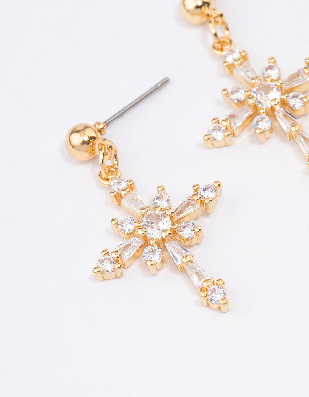 Gold Plated Cubic Zirconia Ornate Cross Drop Earrings