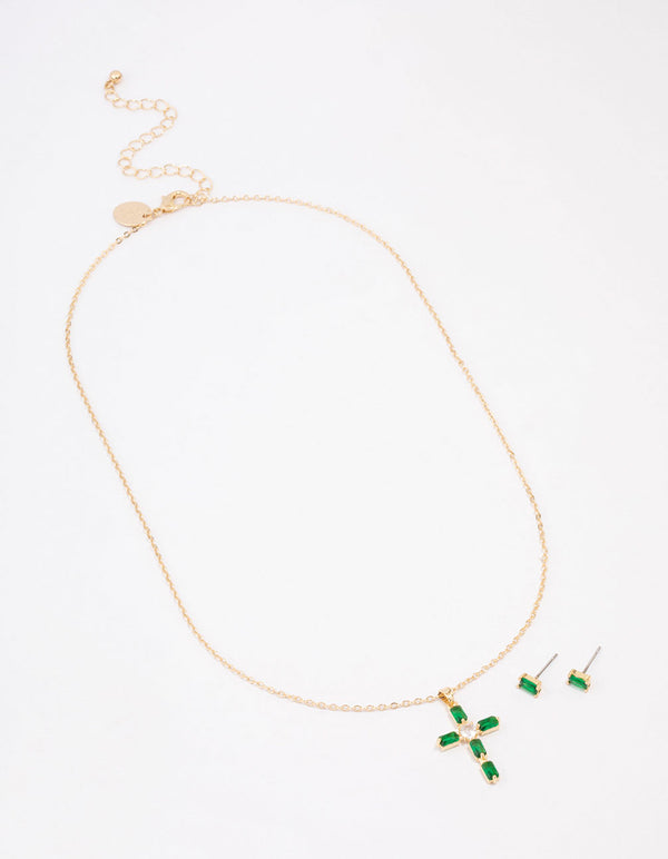 Gold Plated Emerald Cross Jewellery Set