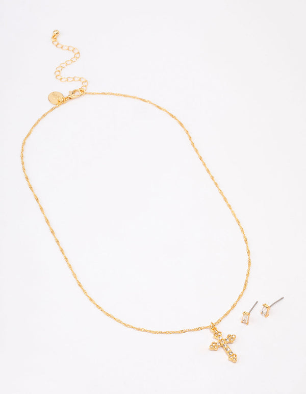 Gold Plated Diamante Cross Jewellery Set
