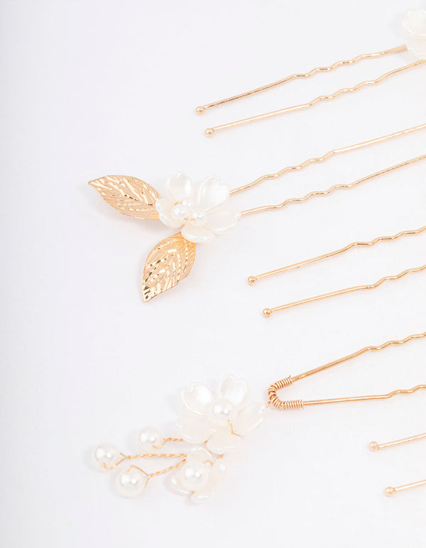 Gold Wire Flower Pearl Hair Pins