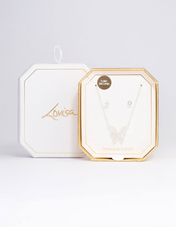 Silver Plated Butterfly Cubic Zirconia Necklace & Earrings Set