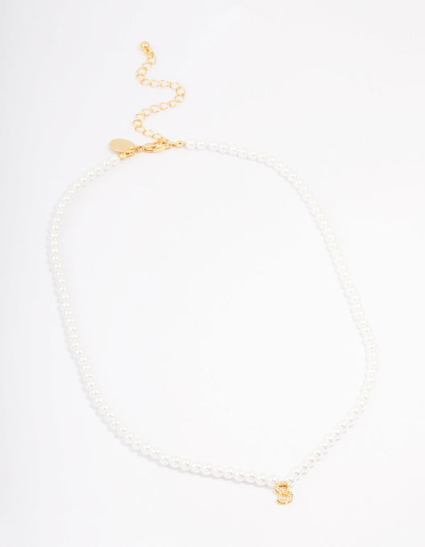 Gold Plated Letter S Initial & Pearl Pendant Necklace