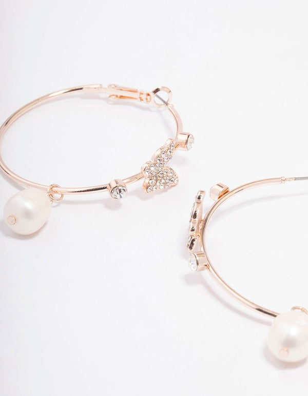 Rose Gold Butterfly & Pearl Medium Hoop Earrings