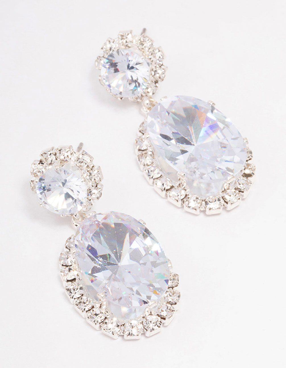 Silver Oval Flower Drop Earrings