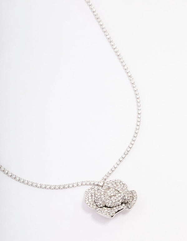 Silver Rose Diamante Pendant Necklace