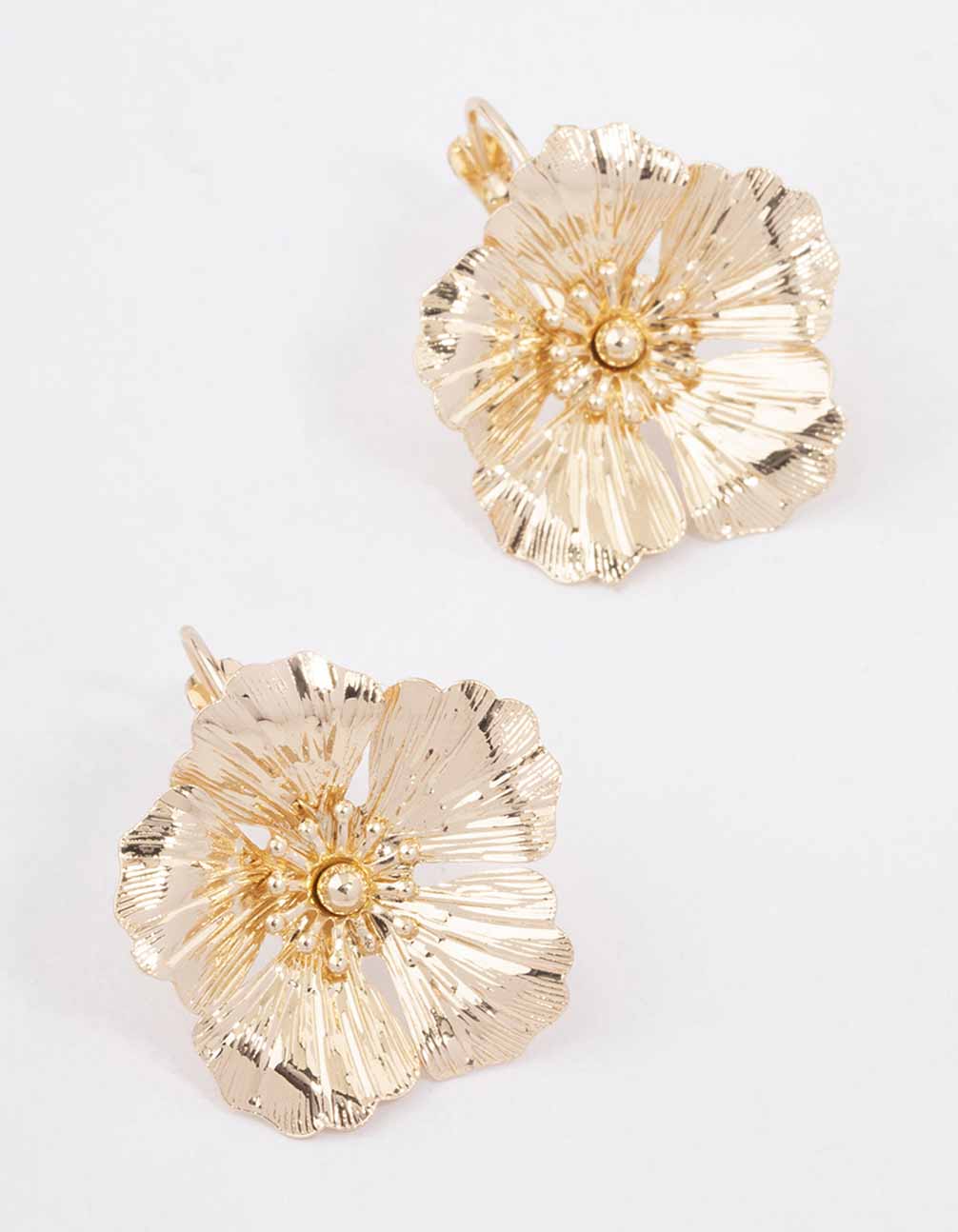 Gold Textured Flower Hoop Earrings