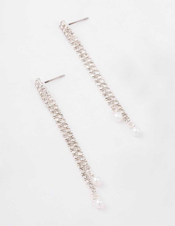 Silver Double Cup Chain Pearl Drop Earrings