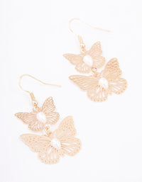 Gold Double Pearl Butterfly Drop Earrings - link has visual effect only