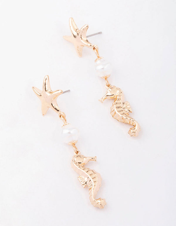 Gold Starfish Pearl Drop Earrings