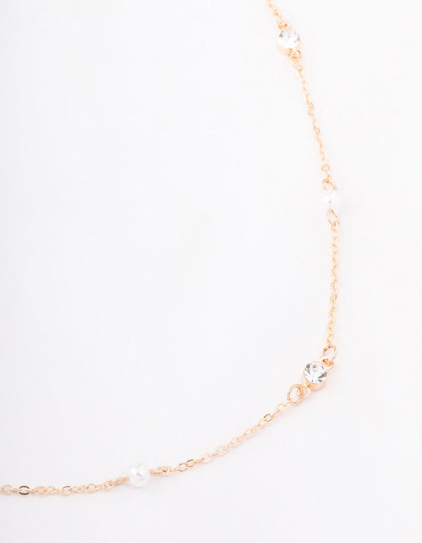 Gold Pearl & Round Diamante Necklace