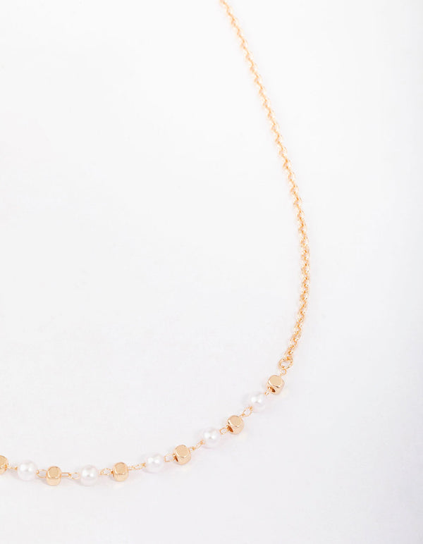 Gold Pearl & Bead Chain Short Necklace