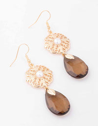 Brown Pearl Filigree Flower Drop Earrings - link has visual effect only
