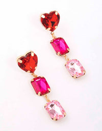 Gold Pink & Red Stone Heart Drop Earrings - link has visual effect only