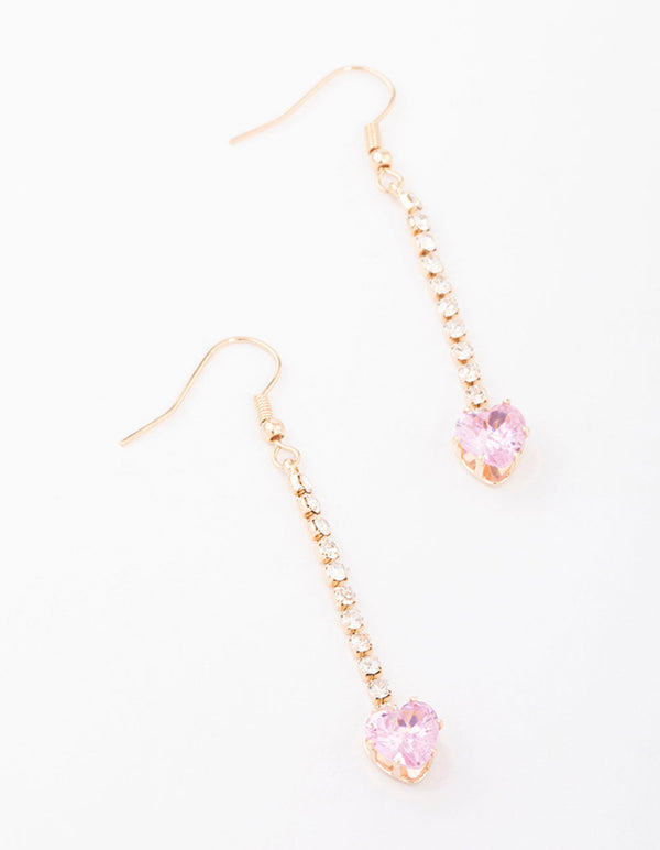 Pink Diamante Heart Cupchain Drop Earrings