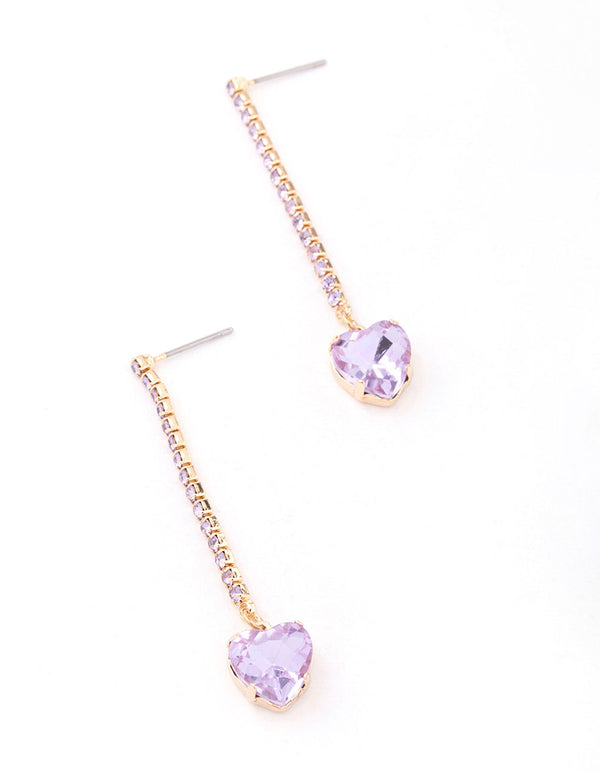 Purple Diamante Heart Cupchain Drop Earrings