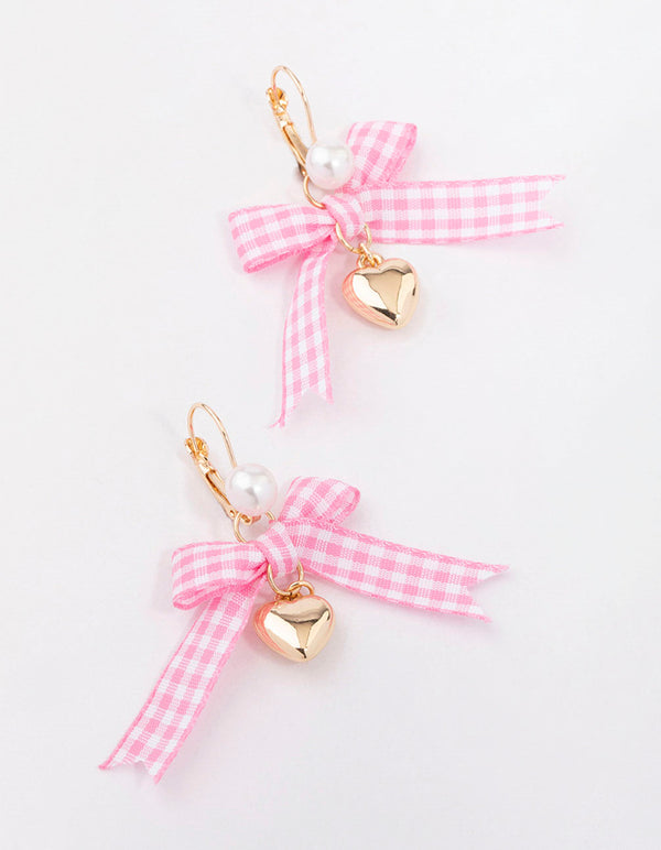 Pink Gingham Bow & Heart Drop Earrings