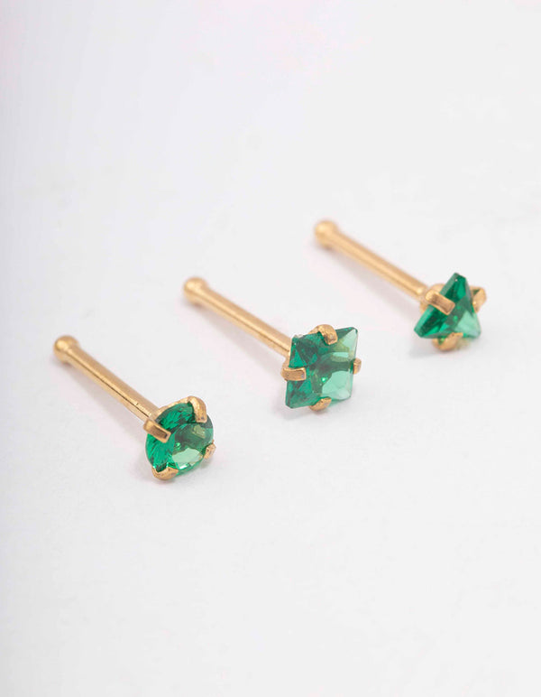 Gold Plated Surgical Steel Emerald Triangular Nose Piercing 3-Pack