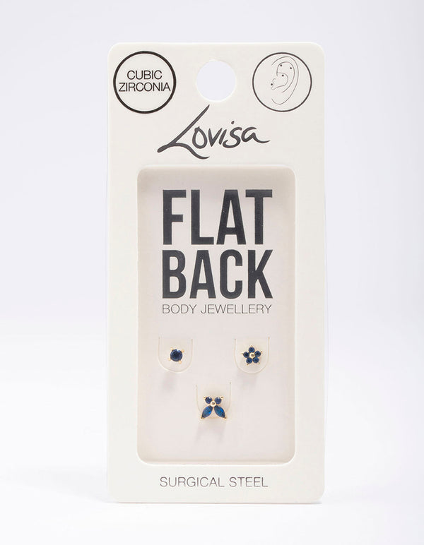 Gold Plated Surgical Steel Butterfly & Flower Flat Back 3-Pack