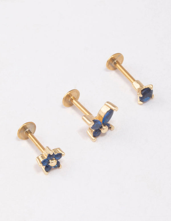 Gold Plated Surgical Steel Butterfly & Flower Flat Back 3-Pack