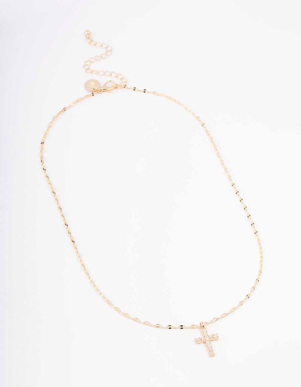 Gold Bezel Diamante Cross Necklace