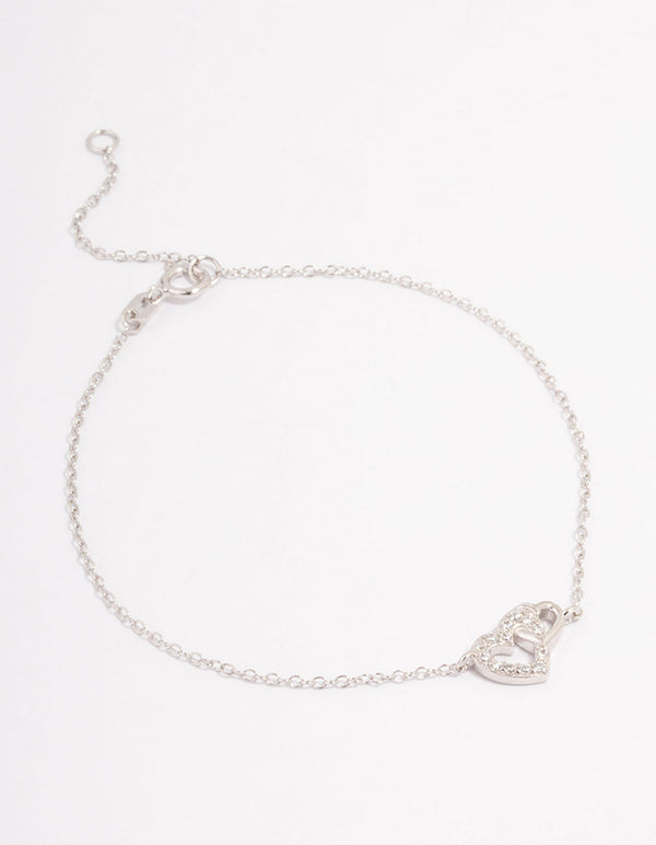 Platinum Sterling Silver Cubic Zirconia Heart Link Bracelet