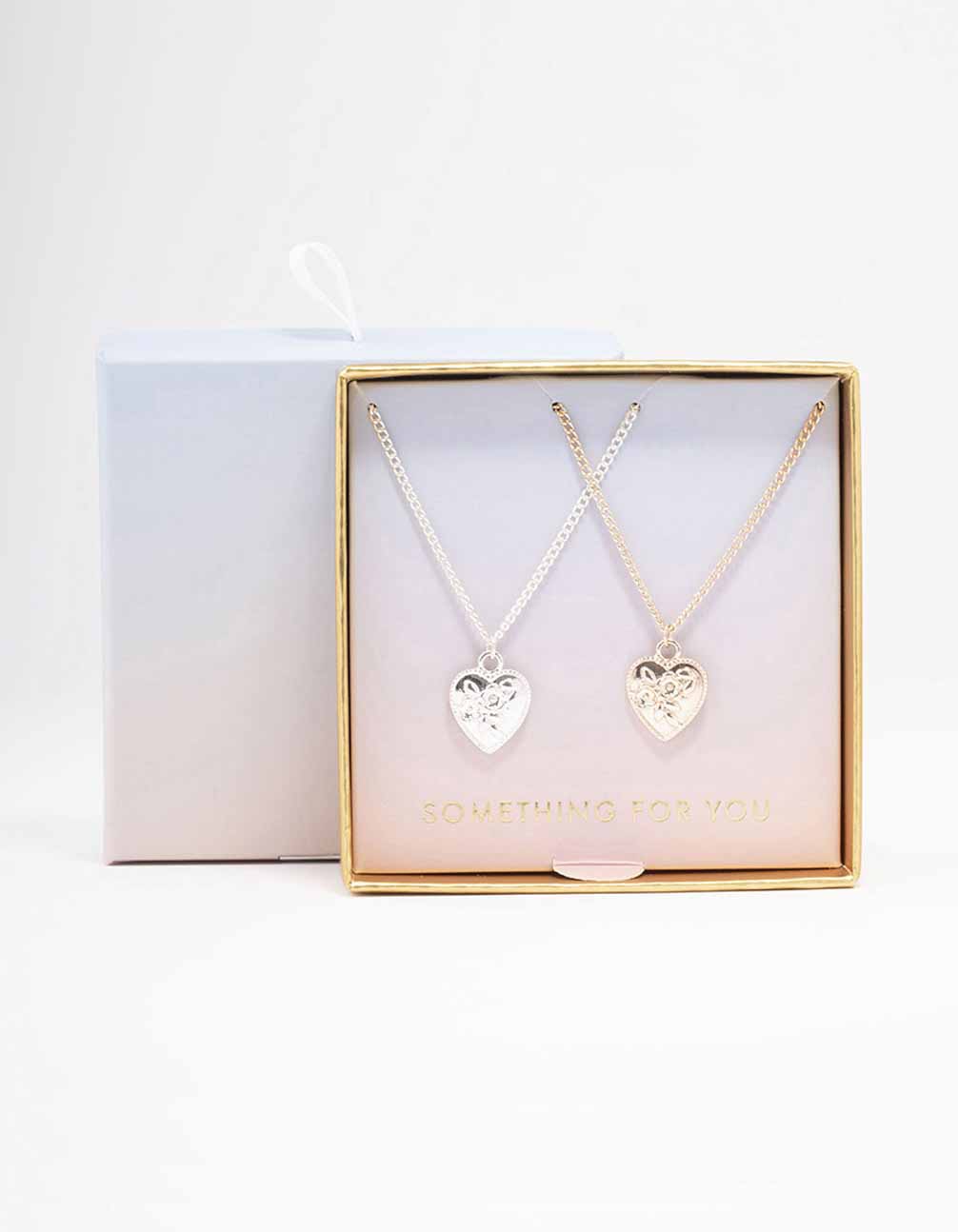 Mixed Metal Floral Heart Necklace Pack