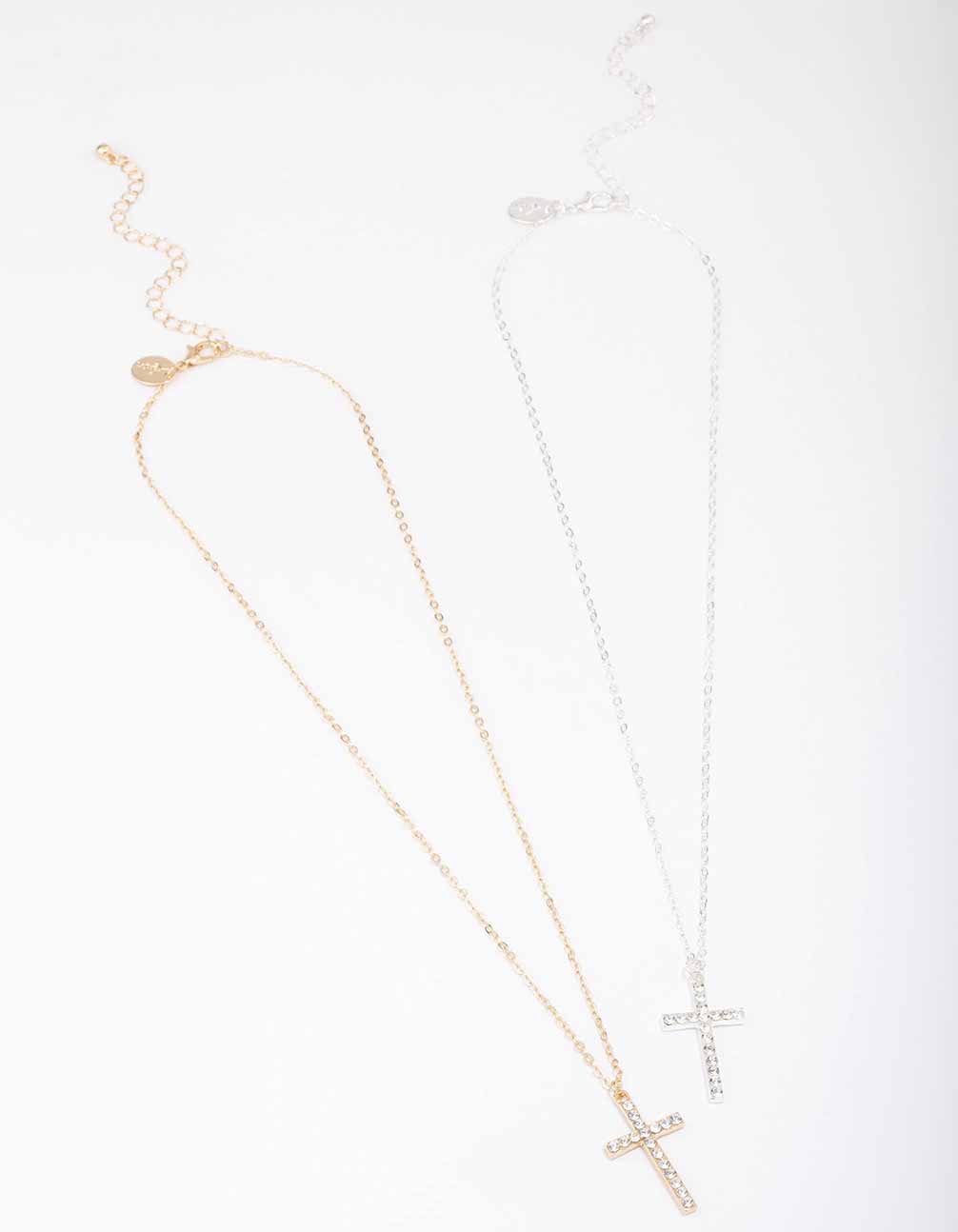 Mixed Metal Diamante Cross Necklace Pack