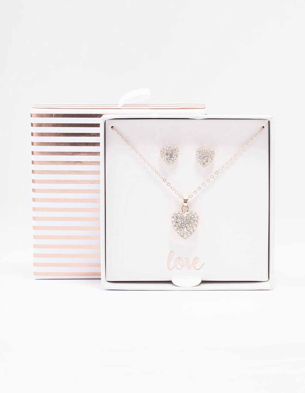 Rose Gold Diamante Heart Necklace & Stud Earring Set